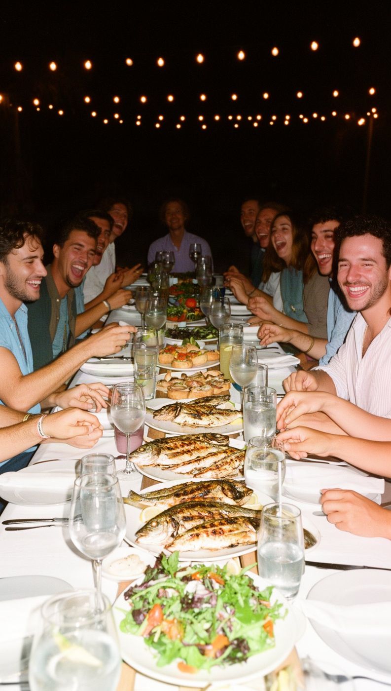 A long welcome dinner table of friends laughing over shared plates