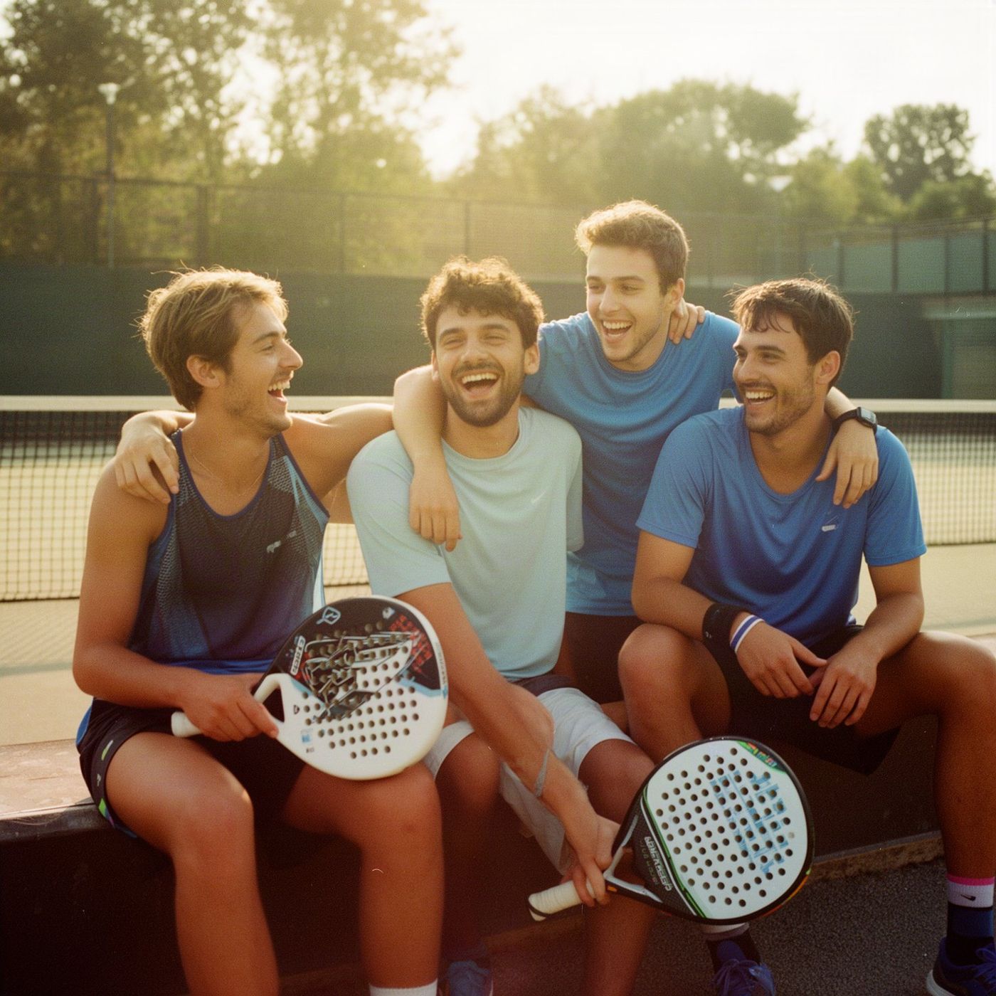 Four new friends laughing together beside the court