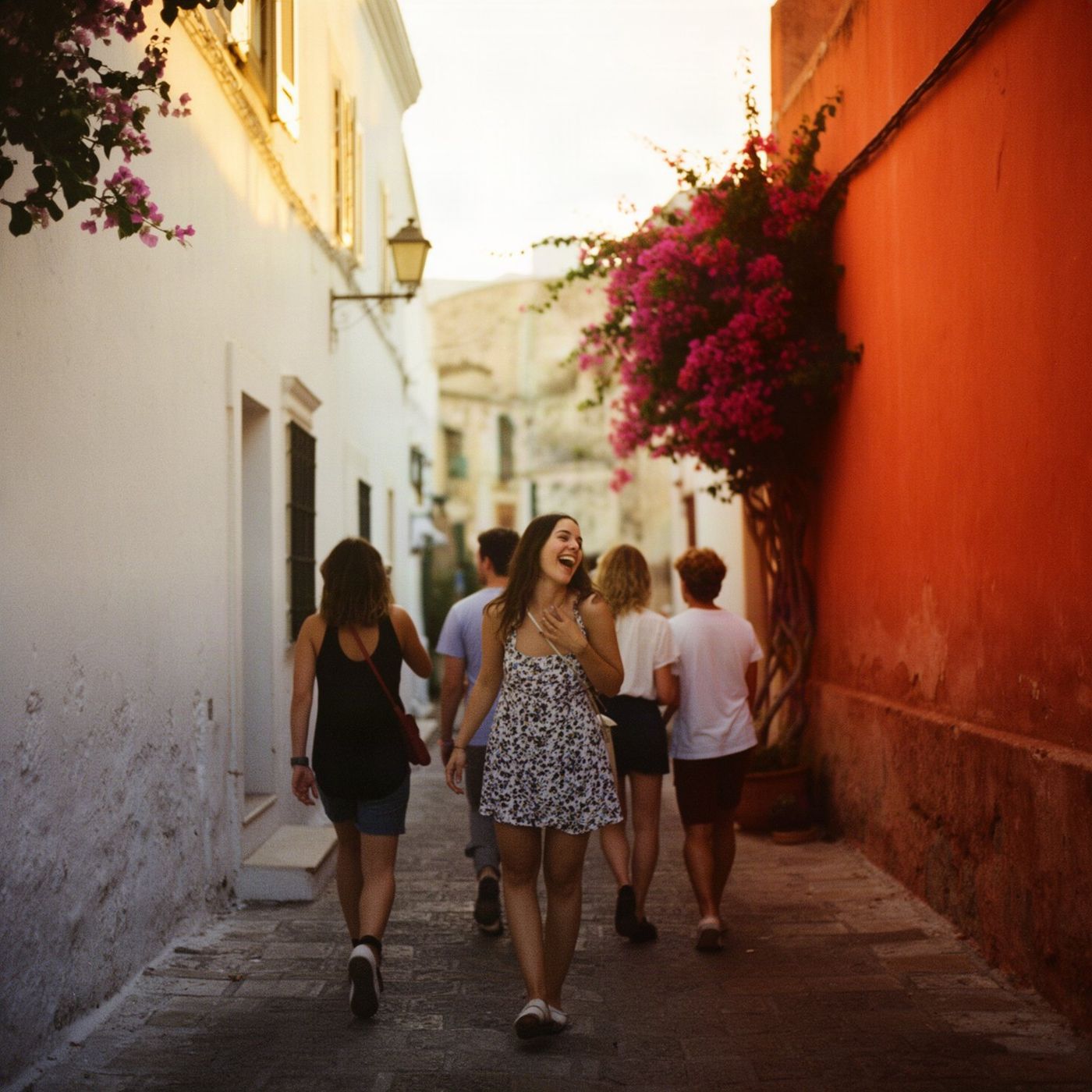 Friends walking down a bougainvillea-lined street to dinner