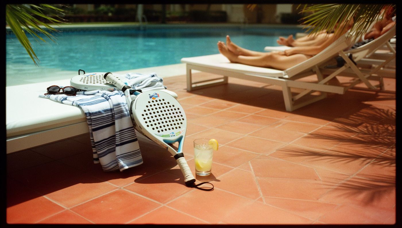 Padel rackets and a striped towel on a poolside sun lounger