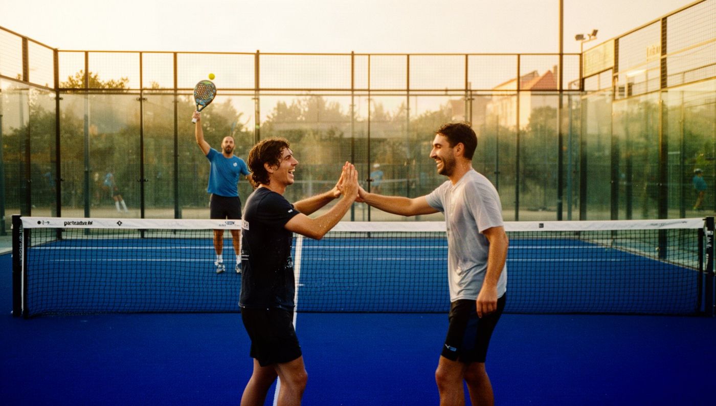 Two players high-fiving at the net after a rally